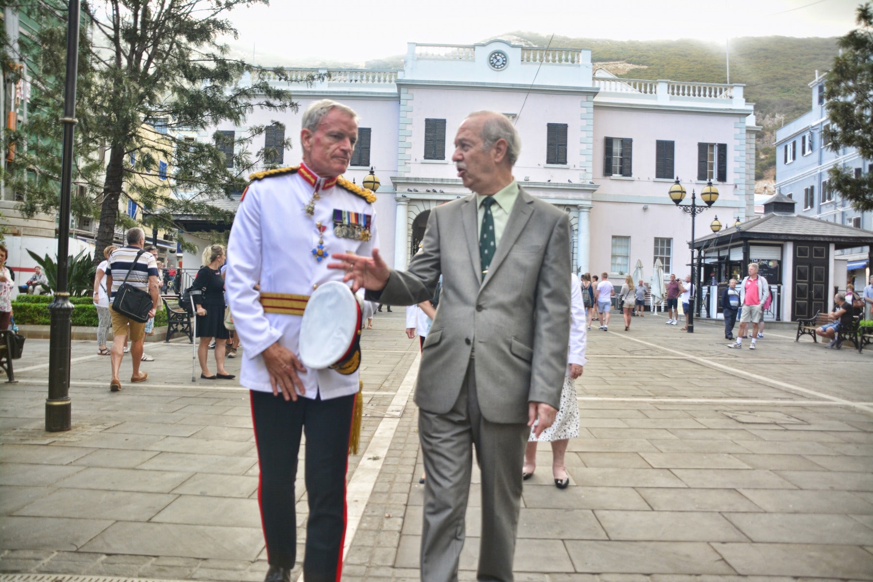 Gibraltar -28th September 2015 - The Governor of Gibraltar today departed From office bidding Farewell to politicians and the armed Forces in what ended up to be a low Key ceremony. A short farewell ceremony at the Parliament lobby was followed by a quick farewell at the city Hall, defer he inspected troops at the Naval Base. He then boarded HMC Seeker where a 17 gun salute bid him farrwell.
