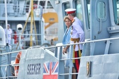 Gibraltar -28th September 2015 - The Governor of Gibraltar today departed From office bidding Farewell to politicians and the armed Forces in what ended up to be a low Key ceremony. A short farewell ceremony at the Parliament lobby was followed by a quick farewell at the city Hall, defer he inspected troops at the Naval Base. He then boarded HMC Seeker where a 17 gun salute bid him farrwell.