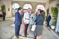 Gibraltar -28th September 2015 - The Governor of Gibraltar today departed From office bidding Farewell to politicians and the armed Forces in what ended up to be a low Key ceremony. A short farewell ceremony at the Parliament lobby was followed by a quick farewell at the city Hall, defer he inspected troops at the Naval Base. He then boarded HMC Seeker where a 17 gun salute bid him farrwell.