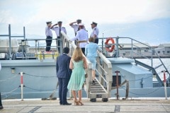Gibraltar -28th September 2015 - The Governor of Gibraltar today departed From office bidding Farewell to politicians and the armed Forces in what ended up to be a low Key ceremony. A short farewell ceremony at the Parliament lobby was followed by a quick farewell at the city Hall, defer he inspected troops at the Naval Base. He then boarded HMC Seeker where a 17 gun salute bid him farrwell.