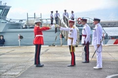 Gibraltar -28th September 2015 - The Governor of Gibraltar today departed From office bidding Farewell to politicians and the armed Forces in what ended up to be a low Key ceremony. A short farewell ceremony at the Parliament lobby was followed by a quick farewell at the city Hall, defer he inspected troops at the Naval Base. He then boarded HMC Seeker where a 17 gun salute bid him farrwell.