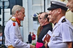 Gibraltar -28th September 2015 - The Governor of Gibraltar today departed From office bidding Farewell to politicians and the armed Forces in what ended up to be a low Key ceremony. A short farewell ceremony at the Parliament lobby was followed by a quick farewell at the city Hall, defer he inspected troops at the Naval Base. He then boarded HMC Seeker where a 17 gun salute bid him farrwell.