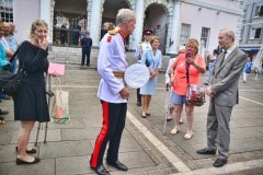 Gibraltar -28th September 2015 - The Governor of Gibraltar today departed From office bidding Farewell to politicians and the armed Forces in what ended up to be a low Key ceremony. A short farewell ceremony at the Parliament lobby was followed by a quick farewell at the city Hall, defer he inspected troops at the Naval Base. He then boarded HMC Seeker where a 17 gun salute bid him farrwell.