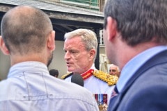 Gibraltar -28th September 2015 - The Governor of Gibraltar today departed From office bidding Farewell to politicians and the armed Forces in what ended up to be a low Key ceremony. A short farewell ceremony at the Parliament lobby was followed by a quick farewell at the city Hall, defer he inspected troops at the Naval Base. He then boarded HMC Seeker where a 17 gun salute bid him farrwell.