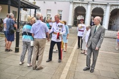 Gibraltar -28th September 2015 - The Governor of Gibraltar today departed From office bidding Farewell to politicians and the armed Forces in what ended up to be a low Key ceremony. A short farewell ceremony at the Parliament lobby was followed by a quick farewell at the city Hall, defer he inspected troops at the Naval Base. He then boarded HMC Seeker where a 17 gun salute bid him farrwell.