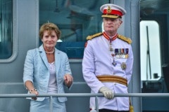 Gibraltar -28th September 2015 - The Governor of Gibraltar today departed From office bidding Farewell to politicians and the armed Forces in what ended up to be a low Key ceremony. A short farewell ceremony at the Parliament lobby was followed by a quick farewell at the city Hall, defer he inspected troops at the Naval Base. He then boarded HMC Seeker where a 17 gun salute bid him farrwell.