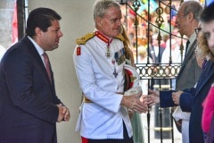 Gibraltar -28th September 2015 - The Governor of Gibraltar today departed From office bidding Farewell to politicians and the armed Forces in what ended up to be a low Key ceremony. A short farewell ceremony at the Parliament lobby was followed by a quick farewell at the city Hall, defer he inspected troops at the Naval Base. He then boarded HMC Seeker where a 17 gun salute bid him farrwell.