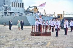 Gibraltar -28th September 2015 - The Governor of Gibraltar today departed From office bidding Farewell to politicians and the armed Forces in what ended up to be a low Key ceremony. A short farewell ceremony at the Parliament lobby was followed by a quick farewell at the city Hall, defer he inspected troops at the Naval Base. He then boarded HMC Seeker where a 17 gun salute bid him farrwell.