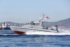 HMS Monmouth visiting HMNB Gibralatr escourted by HMS Scimitar and HMS Sabre, Gibraltar Squadron, Royal Navy