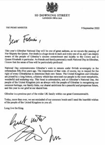 Carta de Liz Truss a Fabián Picardo con motivo del National Day